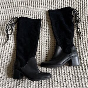Timberland Black Leather Suede Tall Boots Lace Up Back Block Heel size 8.5 Wide